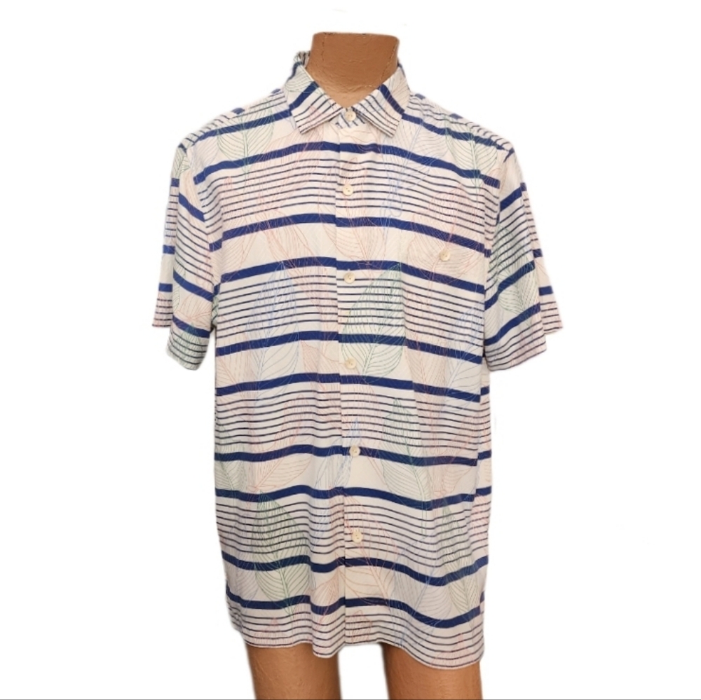 TOMMY BAHAMA 100% Silk Striped Leaf Print Button Up Shirt Cream Multi  S… - Picture 2 of 15